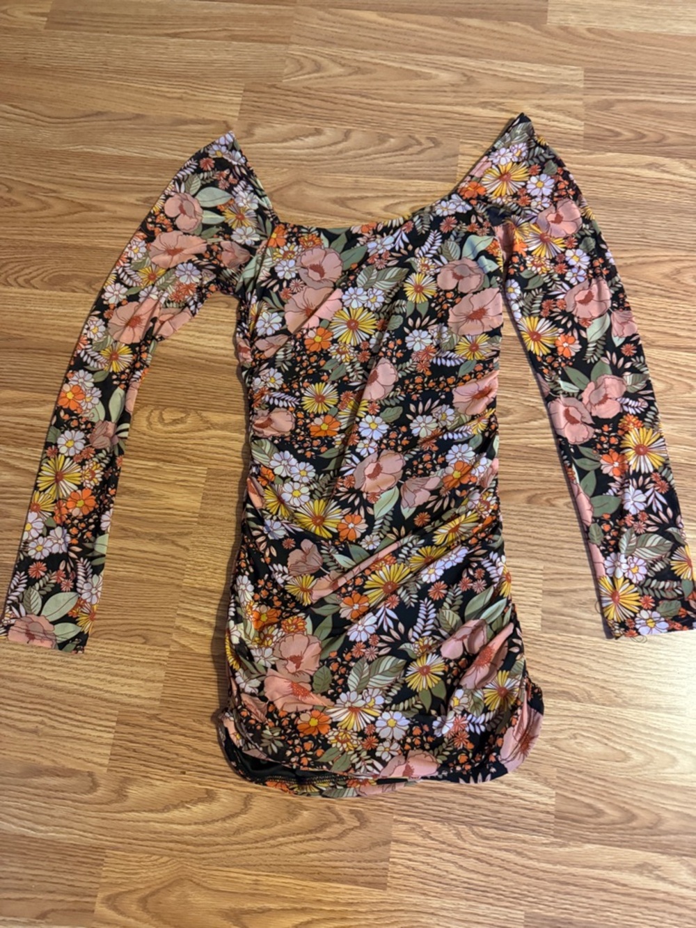 Altar'd State Black Floral Long Sleeve Ruched Mini Dress